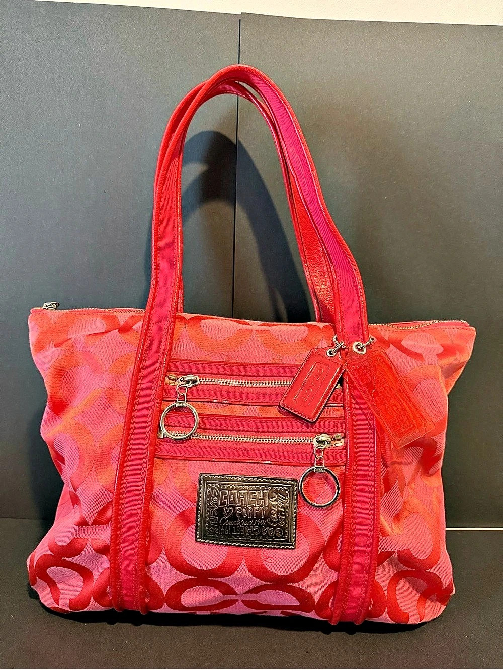 Coach Poppy Signature Glam Tote Pink & Red
